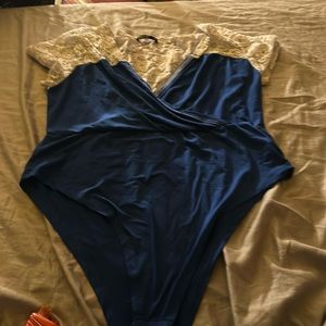 Blue with white lace body suit